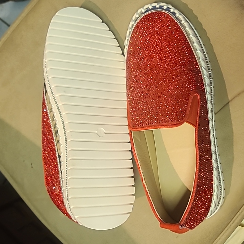 Women’s Red Glitter Slip-On Sneakers - Casual Sparkle - Picture 4 of 7